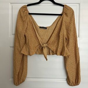 Mustard Yellow tie front long sleeve crop top